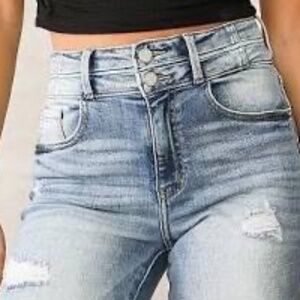 Kancan Signature Stone Wash Fade Ripped Shredded Two Button High Rise Denim Jean